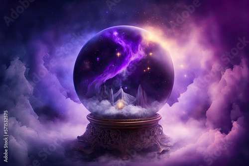 Magic crystal ball for future prediction on beautiful galaxy background in purple colors. Generative AI photo