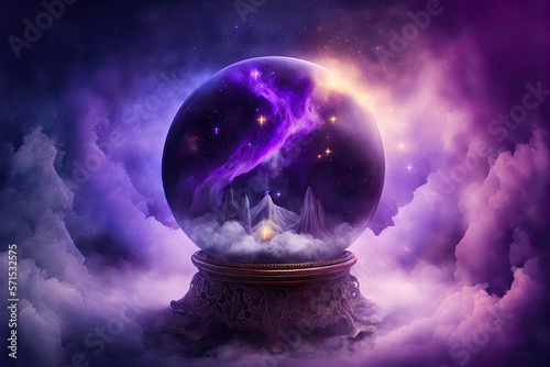 Magic crystal ball for future prediction on beautiful galaxy background in purple colors. Generative AI