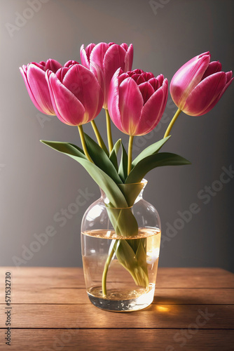 bouquet of pink tulip flowers in a glass vase with golden decorations with yellowish water on a wooden table with gray brown wall in background, generative AI