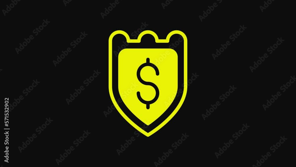 Yellow Shield with dollar symbol icon isolated on black background. Security shield protection. Money security concept. 4K Video motion graphic animation Yellow Shield with dollar symbol icon isolated on black background. Security shield protection. Money security concept. 4K Video motion graphic animation
