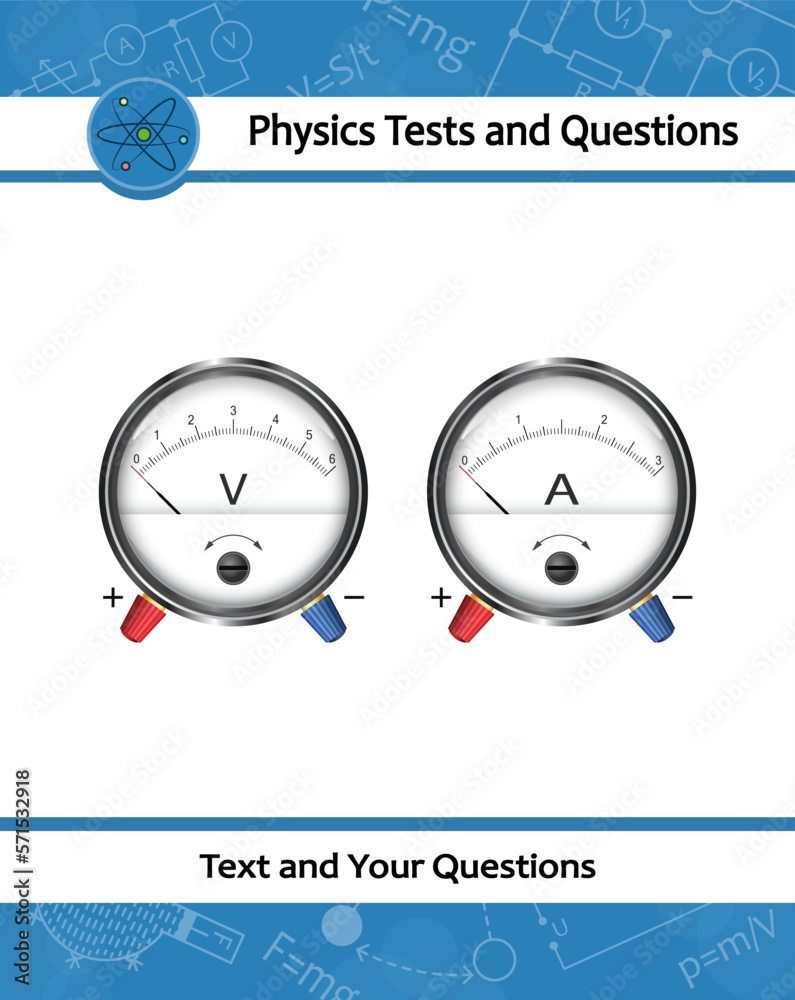 Set of analog voltmeter and ammeter. Round gauge with metal frame. Physical devices for