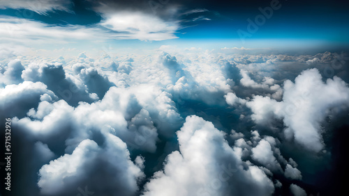 Flying above beautiful blue cloudscape, detailed aerial view from airplane, camera moving to clouds, picturesque CG image.