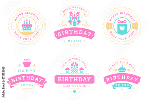 Happy birthday pink ribbon vintage label and badge set for greeting card design vector flat