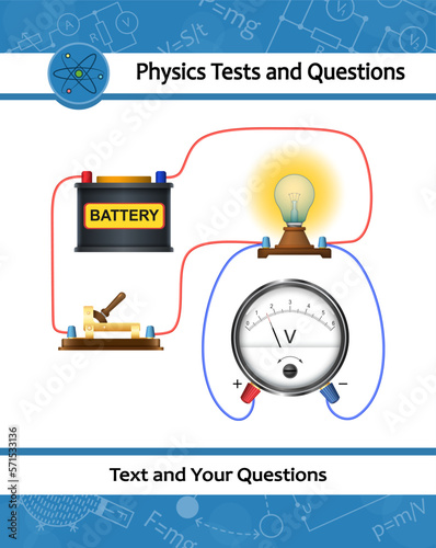 Physical experiment of studying measuring electric current, potential, voltage in an electrical circuit. An electric circuit consisting of connected lightbulbs, battery, conductors, switch, voltmeter.