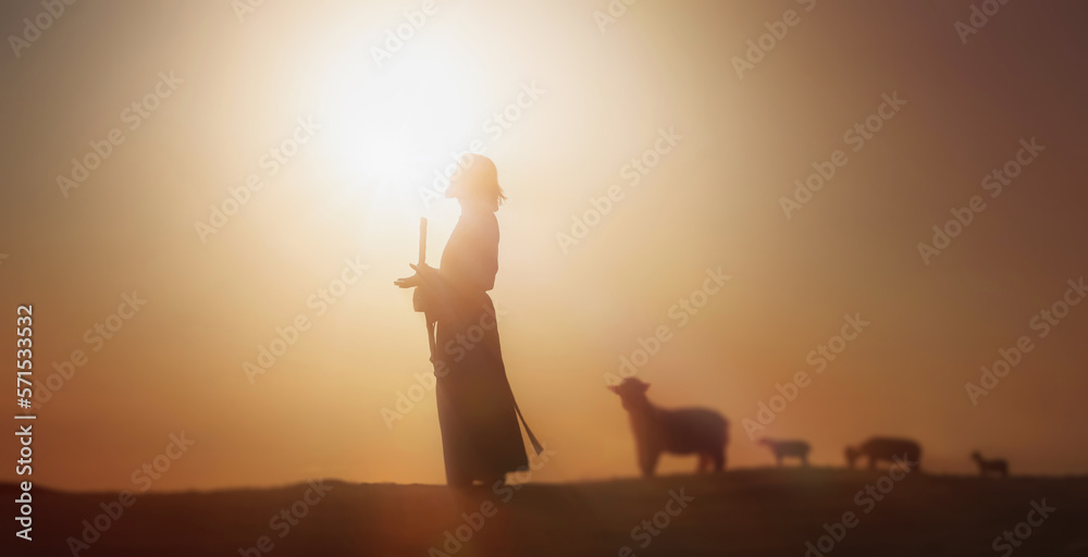Shepherd Jesus Christ leading the sheep and praying to God and in the field bright sun light and Jesus bokeh silhouette background
 - obrazy, fototapety, plakaty 