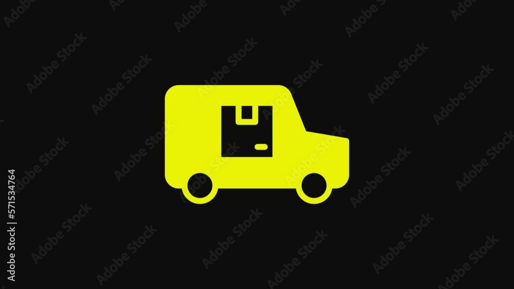 Yellow Delivery cargo truck vehicle icon isolated on black background. 4K Video motion graphic animation Yellow Delivery cargo truck vehicle icon isolated on black background. 4K Video motion graphic animation