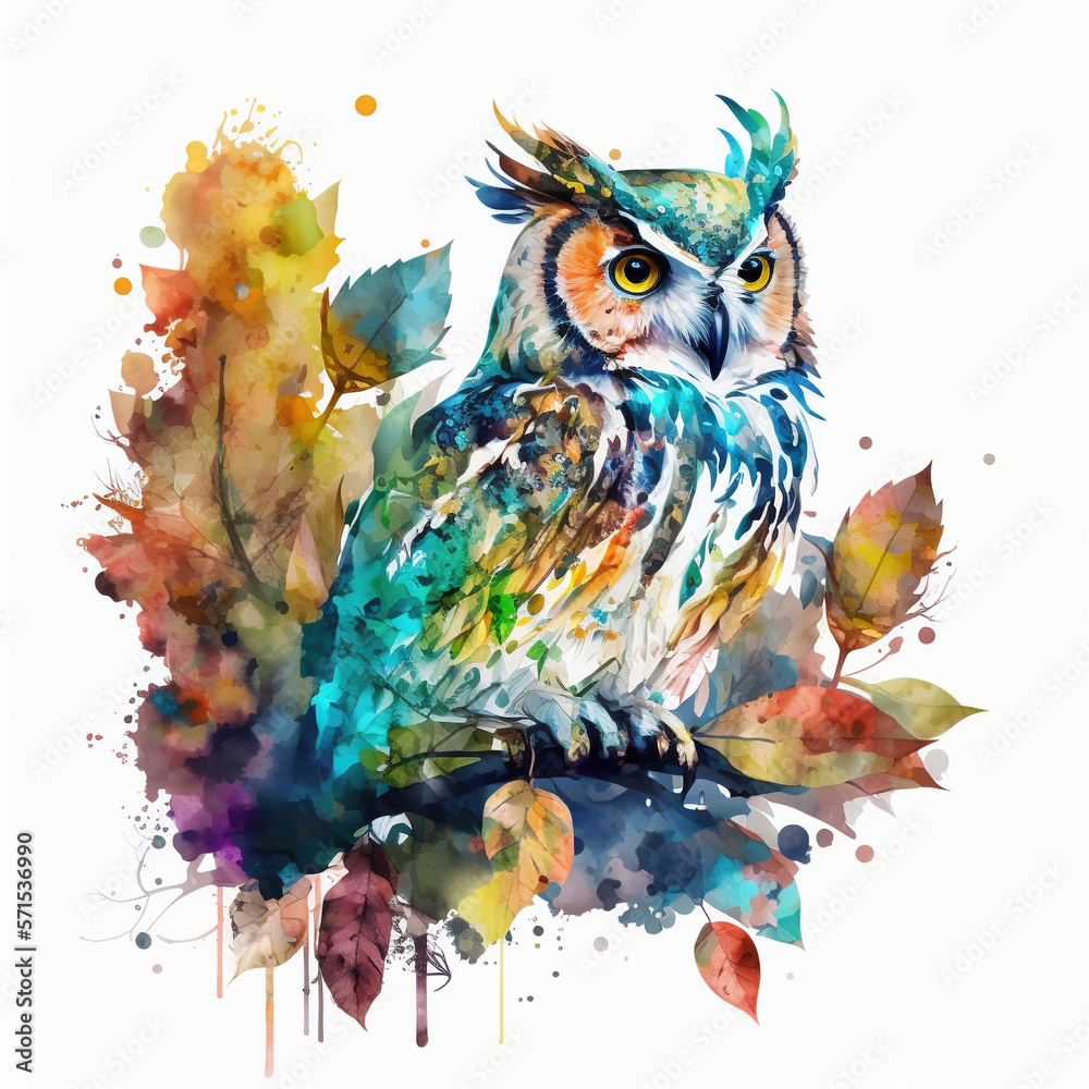 Royal owl in bright colors, watercolor- generated by Generative AI