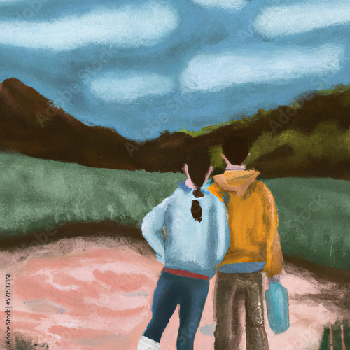 A couple backview hiking in the great outdoors painting  created with Generative AI technology	