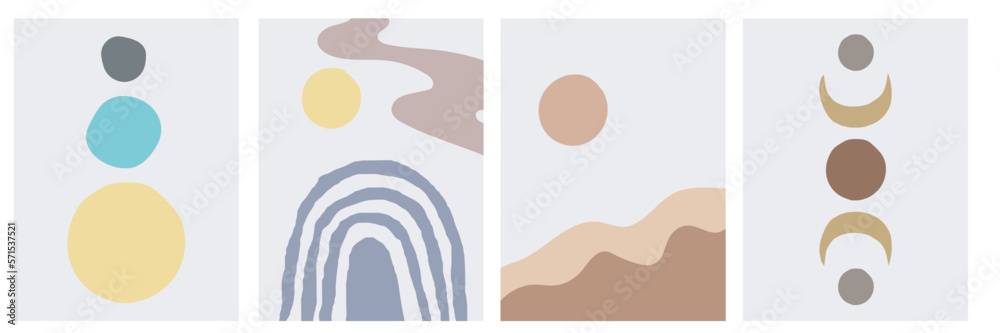 Collection of modern simple minimalist abstractions in boho style with colorful geometric shapes (circles), landscape with hills and sun in pastel colors on the background Collection of modern simple minimalist abstractions in boho style with colorful geometric shapes (circles), landscape with hills and sun in pastel colors on the background