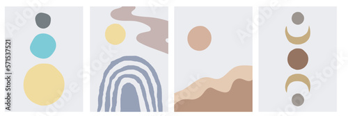 Collection of modern simple minimalist abstractions in boho style with colorful geometric shapes (circles), landscape with hills and sun in pastel colors on the background