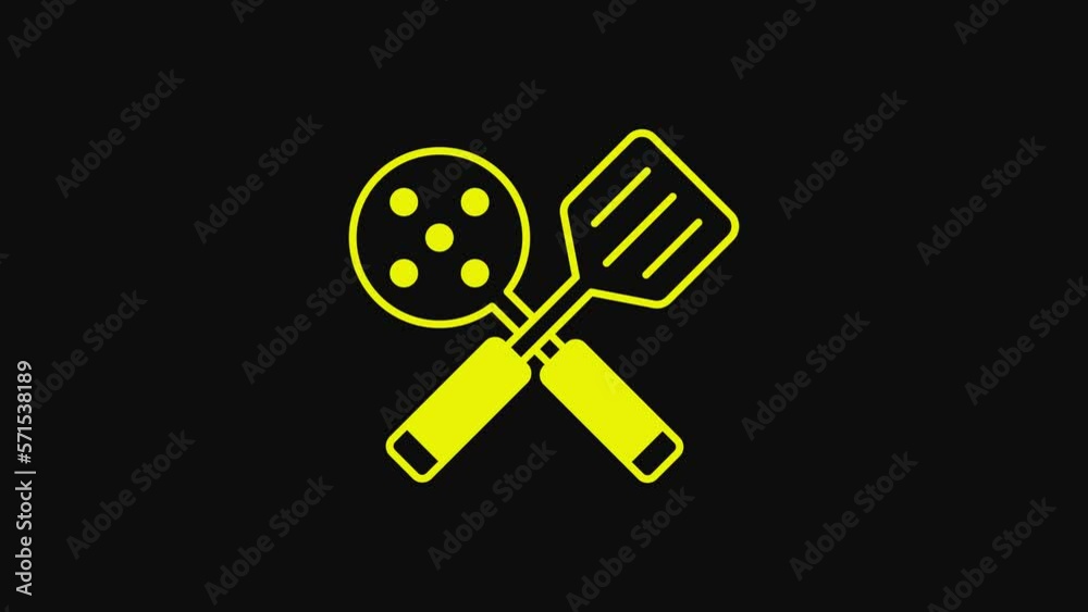 Yellow Spatula icon isolated on black background. Kitchen spatula icon. BBQ spatula sign. Barbecue and grill tool. 4K Video motion graphic animation Yellow Spatula icon isolated on black background. Kitchen spatula icon. BBQ spatula sign. Barbecue and grill tool. 4K Video motion graphic animation