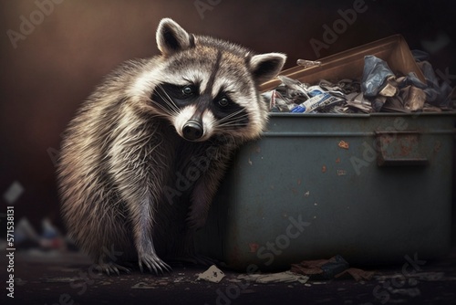 Racoon Searching For Food In Trash Bin
