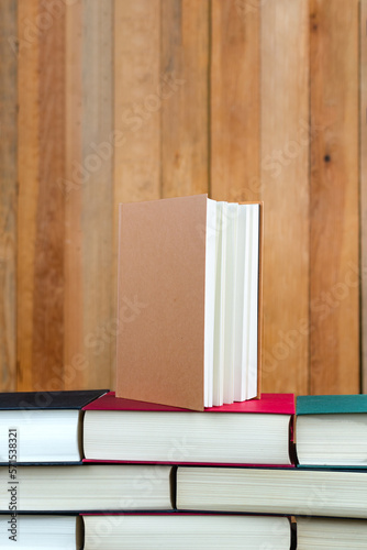 book standing on a pile of books