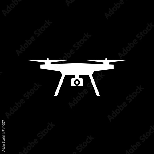 Drone icon. Copter, quadcopter with action cameran isolated on black background. 