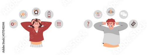 Set of stressed out people overwhelmed with everyday life - flat vector illustration isolated on white background.
