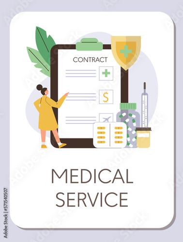 Medical service contract for company employees, poster template, flat vector illustration.