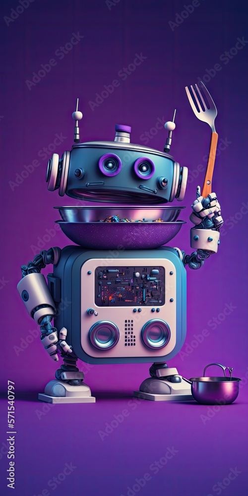 Robot chef preparing meal frying pan, electronic stove oven. Creative design toys, automation robotic future smart home concept. Violet wall blue floor background. Generative AI