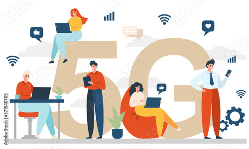 Flat vector illustration. The concept of 5G networks. People are sitting on the Internet, working on computers, tablets, phones 