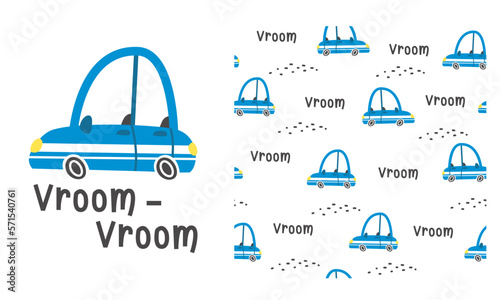 Children's seamless vector pattern with cars. Cute blue cars. Lettering Vroom. Print and pattern for printing on children's products 