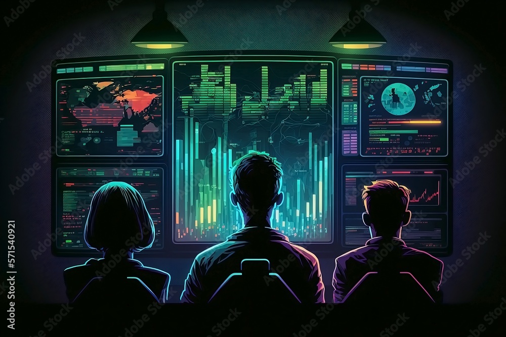 Crypto Stocks, dark room with a large, high-tech screen in the center, displaying a live feed of crypto tokens' stock chart Crypto Stocks, dark room with a large, high-tech screen in the center, displaying a live feed of crypto tokens' stock chart