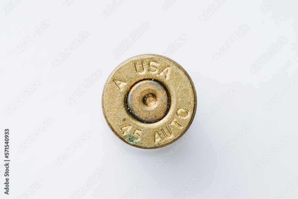 Pistol bullet casings isolated on white background, top view Pistol bullet casings isolated on white background, top view