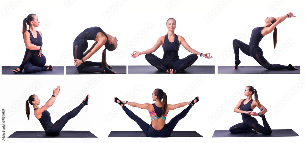 A beautiful girl does yoga, pilates exercises. Stretching exercises. Sports concept. Collage and collection of sports exercises