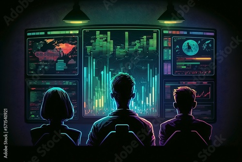 Crypto Stocks, dark room with a large, high-tech screen in the center, displaying a live feed of crypto tokens' stock chart