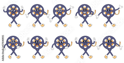 Cartoon cine film. film making accessorie character with cute cheerful emotions, hands and legs. Vector cinematography person set.