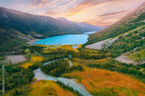 Aerial summer Landscape beautiful Multe lake in mountains Altai sunset, top view
