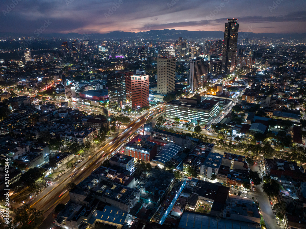 Beautiful aerial view of the capital of Mexico city at night.