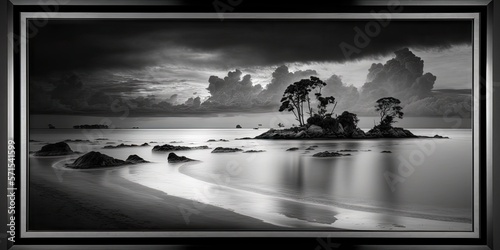 Beautiful early morning on the Jubakar beach in Tumpat Kelantan, Malaysia is captured in this black and white fine art image. natural framing with a long exposure. Generative AI photo