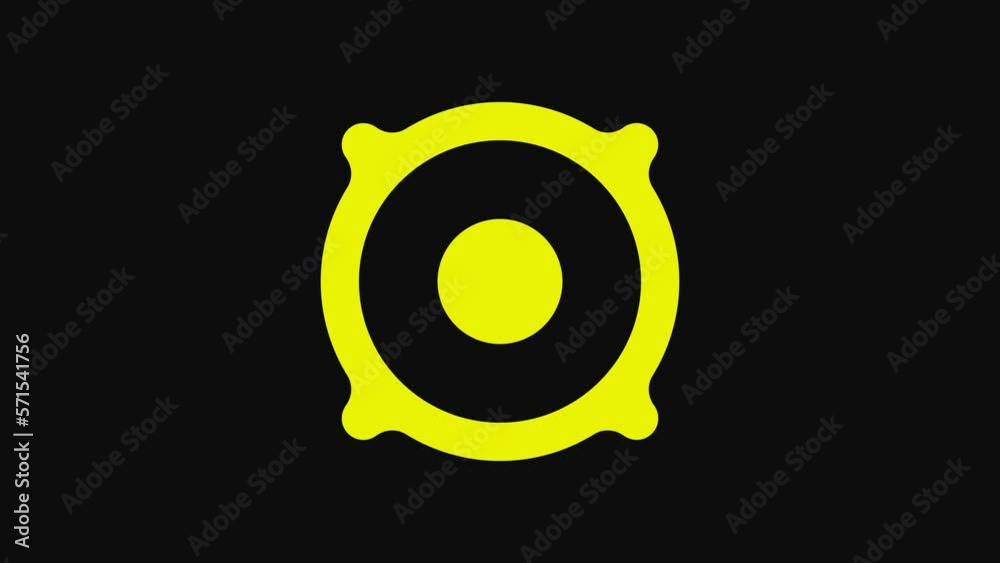Yellow Stereo speaker icon isolated on black background. Sound system speakers. Music icon. Musical column speaker bass equipment. 4K Video motion graphic animation Yellow Stereo speaker icon isolated on black background. Sound system speakers. Music icon. Musical column speaker bass equipment. 4K Video motion graphic animation
