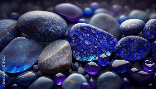 Elegant background design with beautiful blue and purple tanzanite stones, gem stone macro closeup. Suitable for use in various design projects, poster, wallpaper etc. Generative AI.