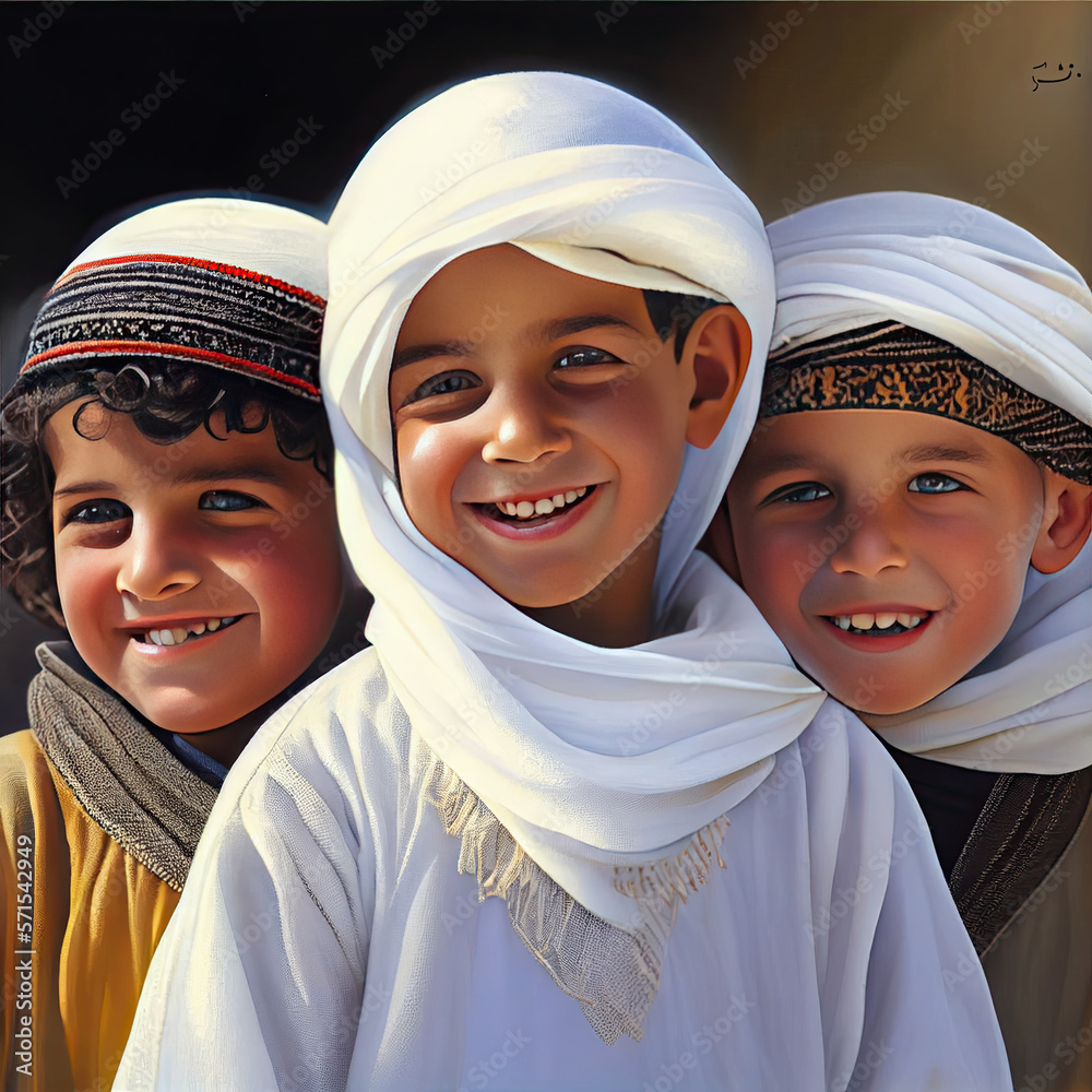 Arab imaginary kids smiling, generative AI