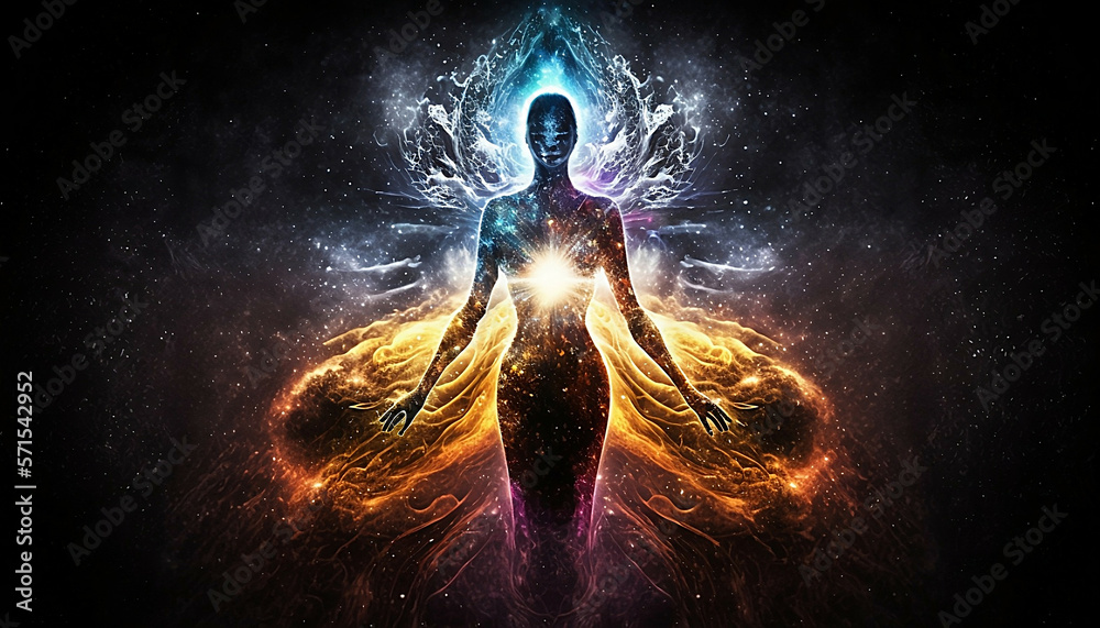 universe meta human goddess spirit silhouette on galaxy space background, new quality colorful spiritual stock image illustration wallpaper design, Generative AI  