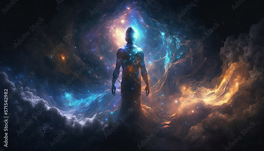 universe meta human god spirit silhouette on galaxy space background, new quality colorful spiritual stock image illustration wallpaper design, Generative AI  