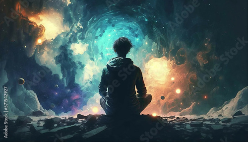 meditation young man spirit silhouette on galaxy space background, new quality colorful spiritual stock image illustration wallpaper design, Generative AI 