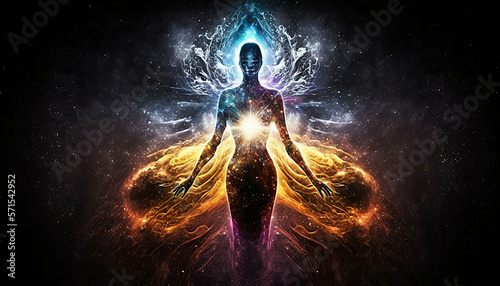 universe meta human goddess spirit silhouette on galaxy space background, new quality colorful spiritual stock image illustration wallpaper design, Generative AI  