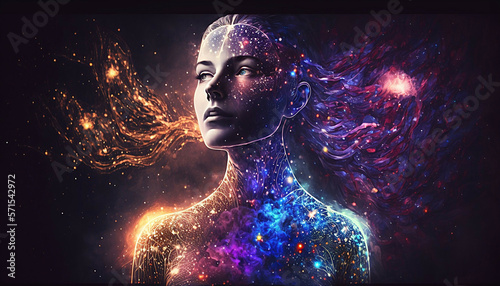 universe meta human goddess spirit silhouette on galaxy space background, new quality colorful spiritual stock image illustration wallpaper design, Generative AI   © Serhii