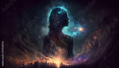 Foto universe meta human goddess spirit silhouette on galaxy space background, new qu
