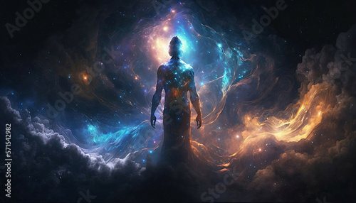 universe meta human god spirit silhouette on galaxy space background, new quality colorful spiritual stock image illustration wallpaper design, Generative AI 