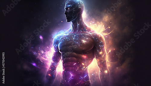 universe meta human god spirit silhouette on galaxy space background, new quality colorful spiritual stock image illustration wallpaper design, Generative AI 