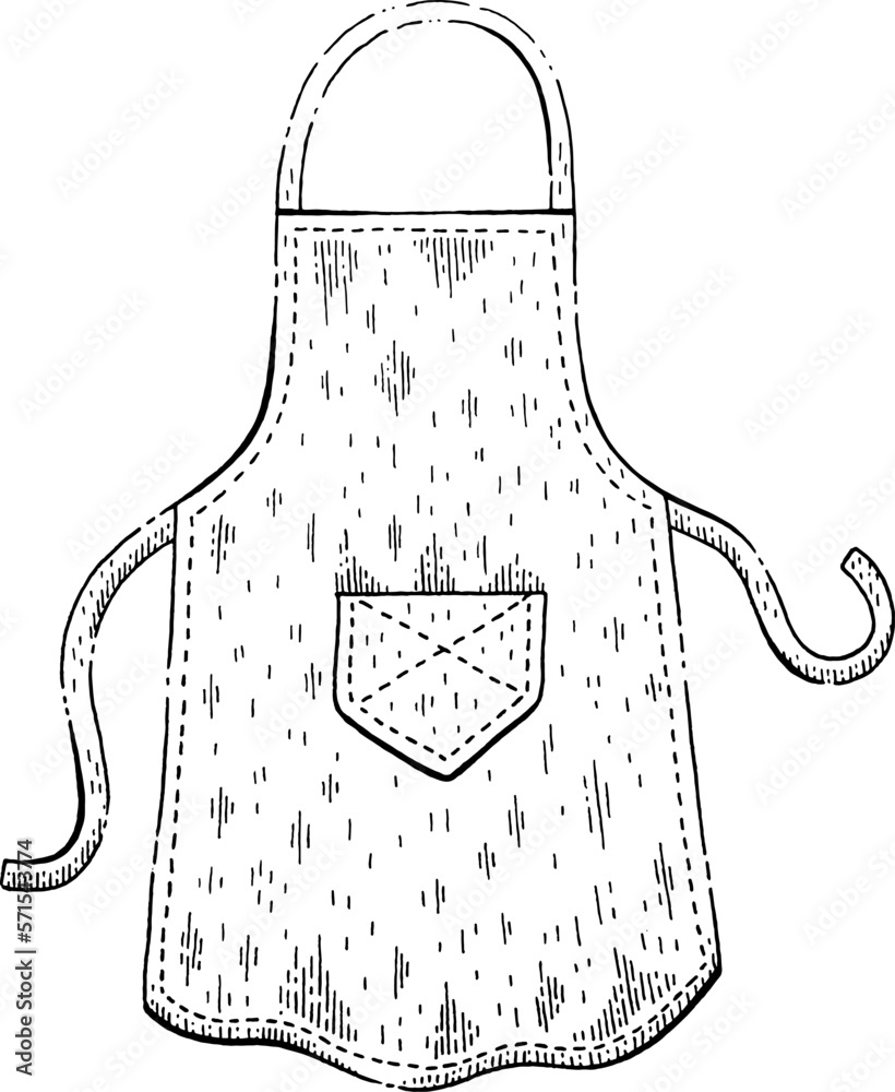 Apron vector sketch. White black chef apron. Hand drawn pinafore