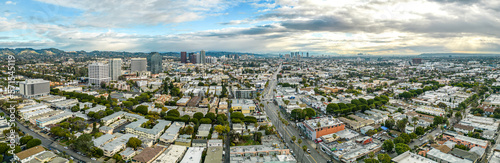 Santa Monica downtown view to Los Angeles California. Aerial Panorama of the urban city
