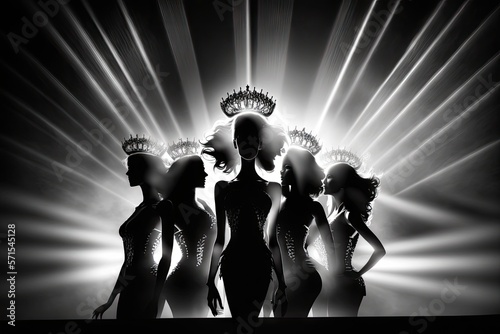 Concept every Girls Dream to be Miss beauty pageant queen Universe contest. Women warships raise Diamond Silver Crown as Final winner on stage, studio lighting with backlit light flare silhouette photo