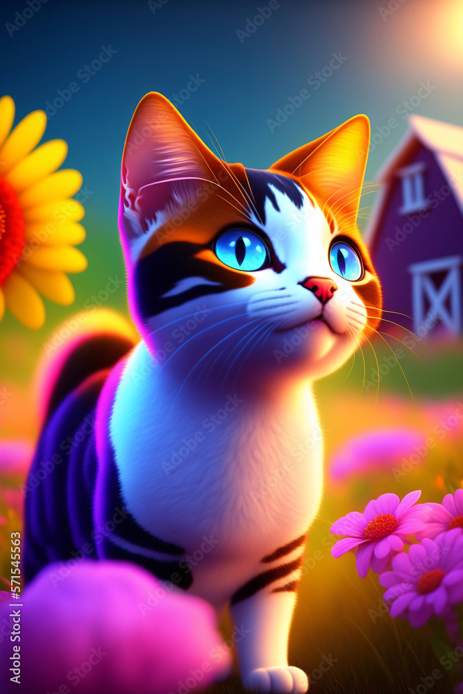 A cute cat in front of a barn with colorful flowers. Farm animal. Generative AI.