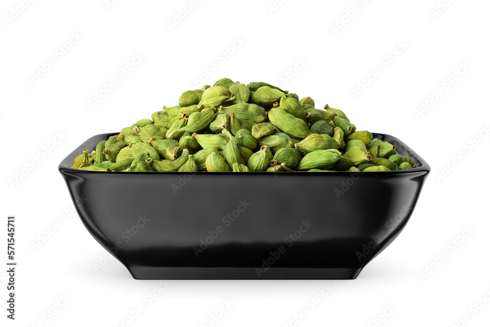 Cardamom pods in black bowl isolated on white. Front view. Cardamom pods in black bowl isolated on white. Front view.