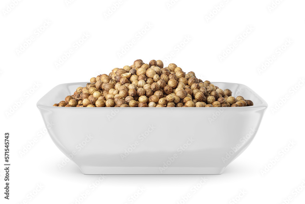 Dry coriander seeds in square bowl isolated on white. Side view. Dry coriander seeds in square bowl isolated on white. Side view.