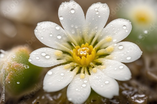 On a summer day, white alpine chickweed is captured in a macro shot with rains. A midsummer close up photograph of a blooming alpine mouse ear with water drops on white petals. Generative AI