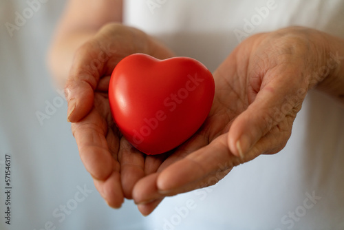 Grandmother woman hands holding red heart  healthcare  love  organ donation  mindfulness  wellbeing  family insurance and CSR concept  world heart day  world health day  national organ donor day
